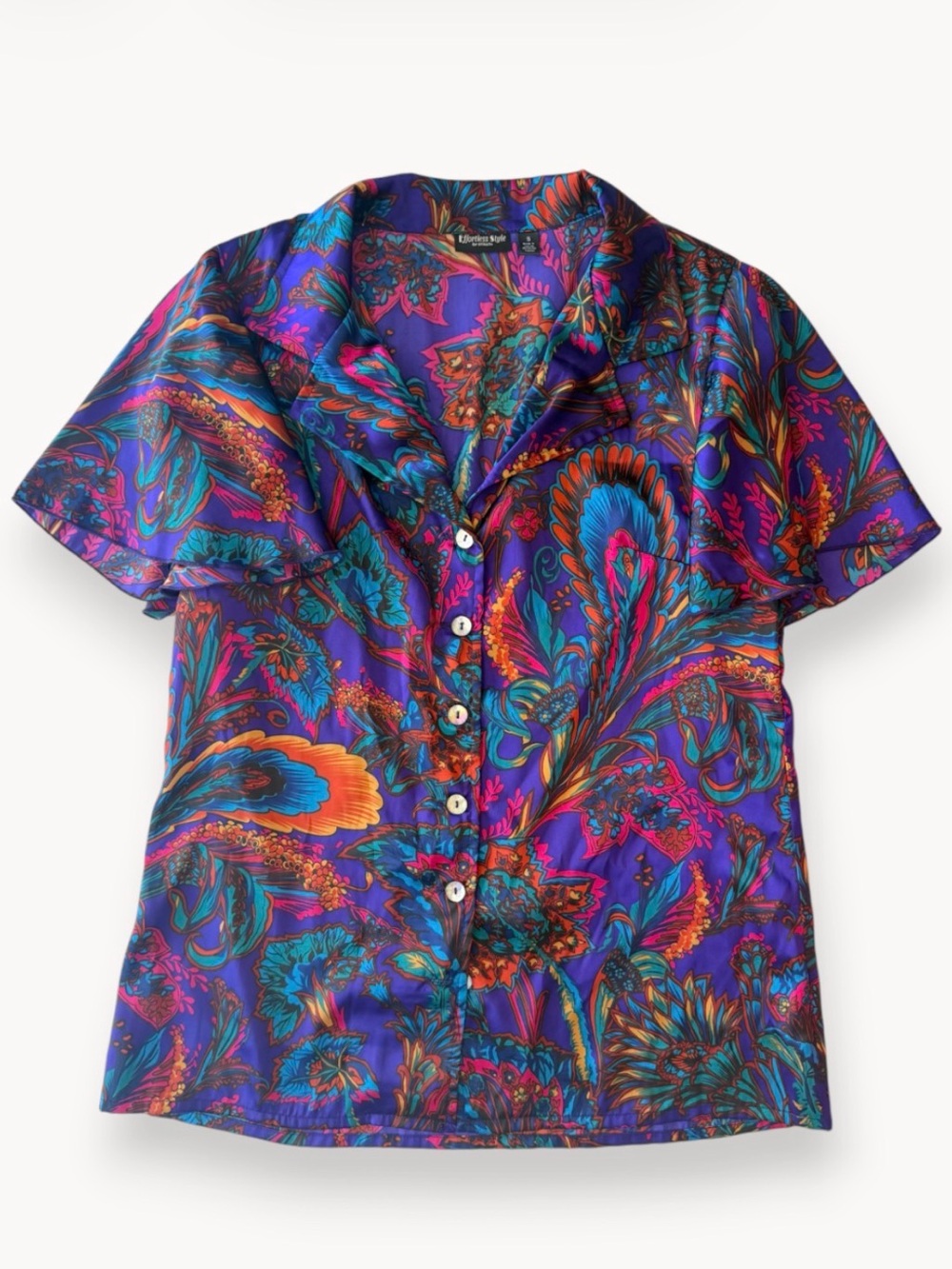 Vintage 90s / Y2K Vibrant Purple Paisley-Print Short Sleeve Button-Down Shirt
